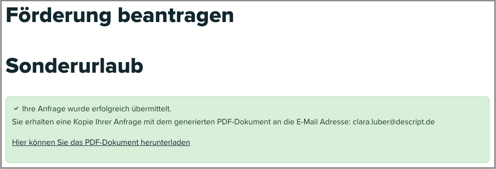 Screenshot einer beispielhaften Eingangsbestätigung.