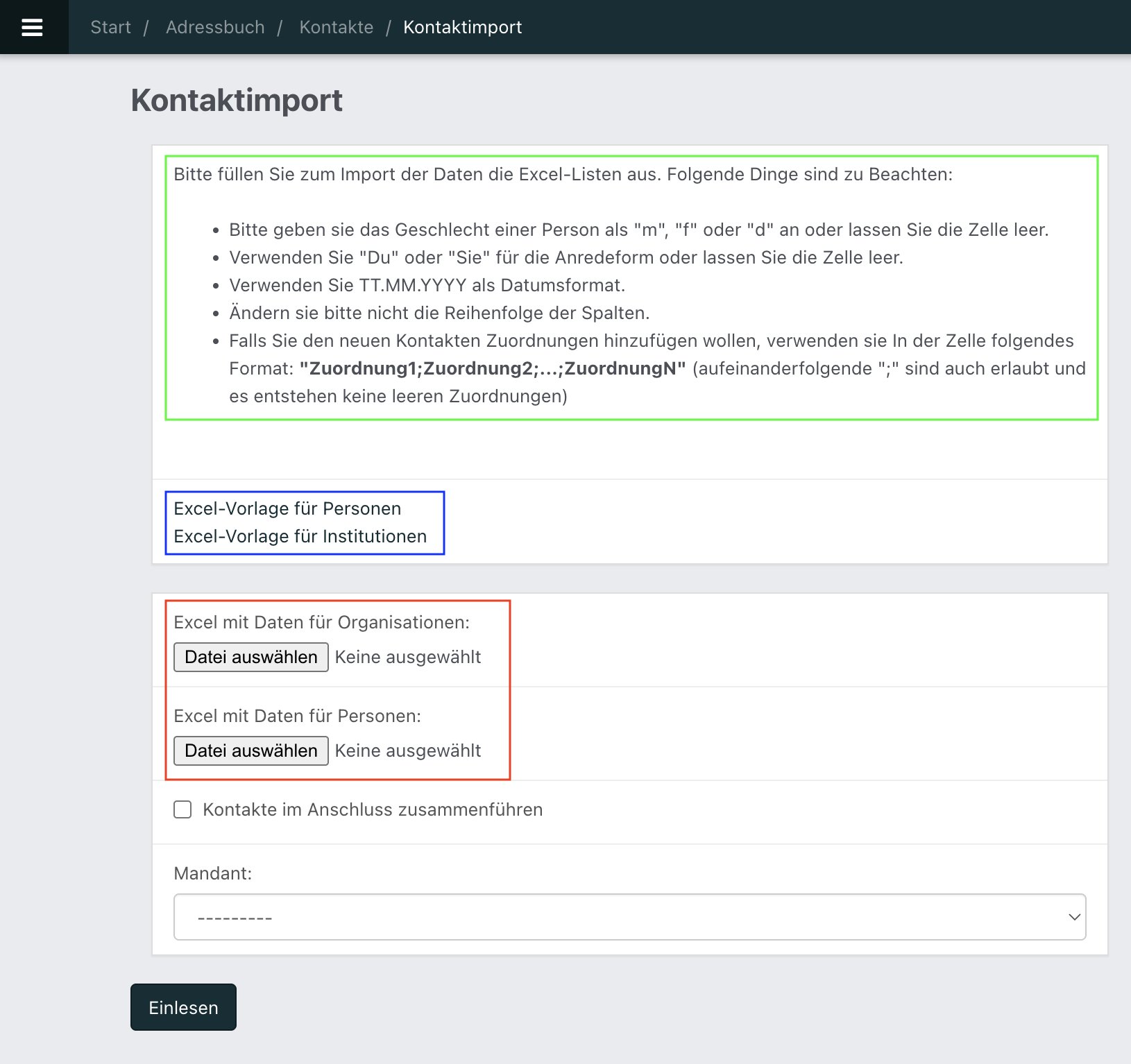 Screenshot aus der Software: geöffneter Excel-Import.
