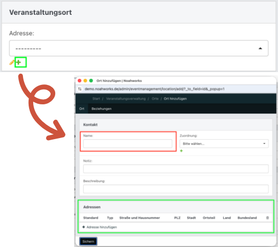 Screenshot aus NoahEvent: Geöffnete Veranstaltung im Abschnitt Veranstaltungsort und Fenster für neue Veranstaltung.