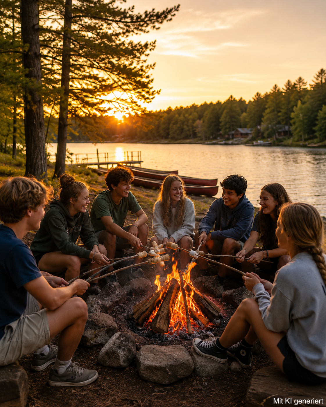 KI-generiertes Bild von Jugendlichen bei Sonnenuntergang an einem See. 7 Jugendliche sitzen um ein Lagerfeuer und rösten Stockbrot und Marshmallows.