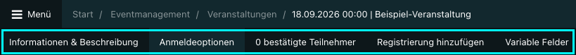 Screenshot aus der Software: Tabs einer Veranstaltung.
