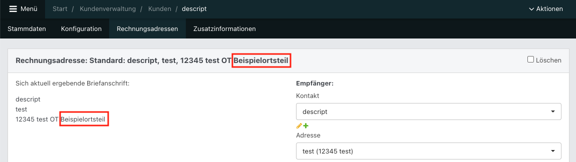 Screenshot eines fiktiven Kontakts im Abschnitt Rechnungsadressen.