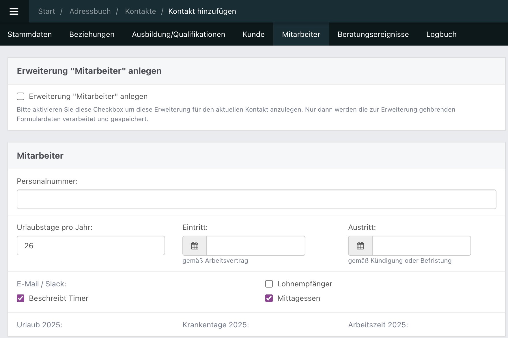 Screenshot aus der Software: Tab Mitarbeiter.