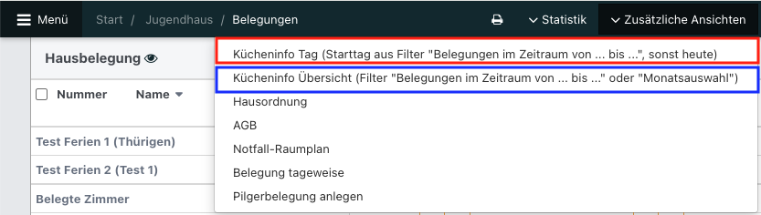 Screenshot der Belegungsübersicht mit ausgeklappten Ansichten.