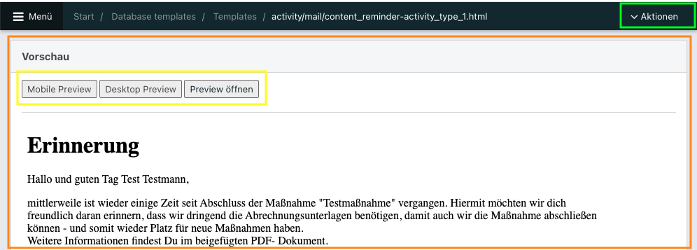 Screenshot eines geöffneten DB-Templates im Bereich Vorschau.