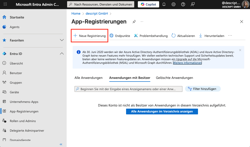 Screenshot aus dem MS Entra Admin Center. Zu sehen ist die Übersicht über die App-Registrierungen.