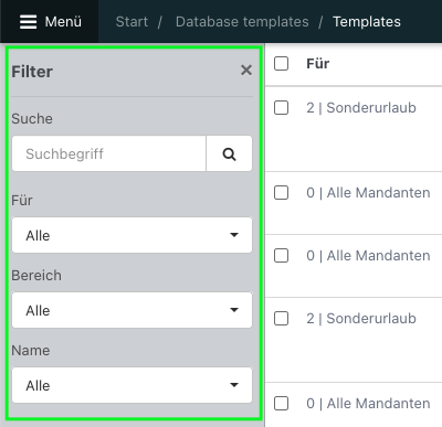 Screenshot der Filter für die DB-Template-Übersicht.