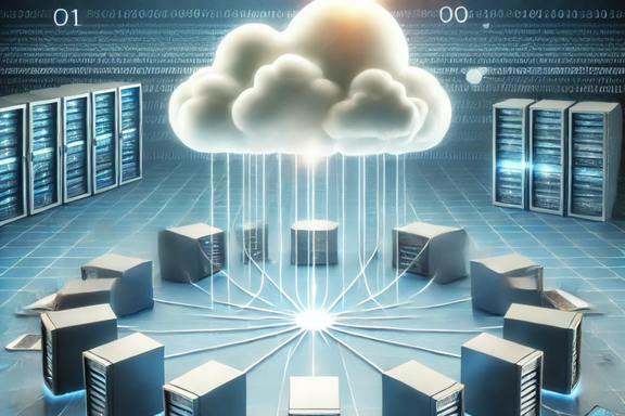 ChatGPT-generiertes Bild, das eine Wolke angeschlossen an einen Kreis von Laptops ist.