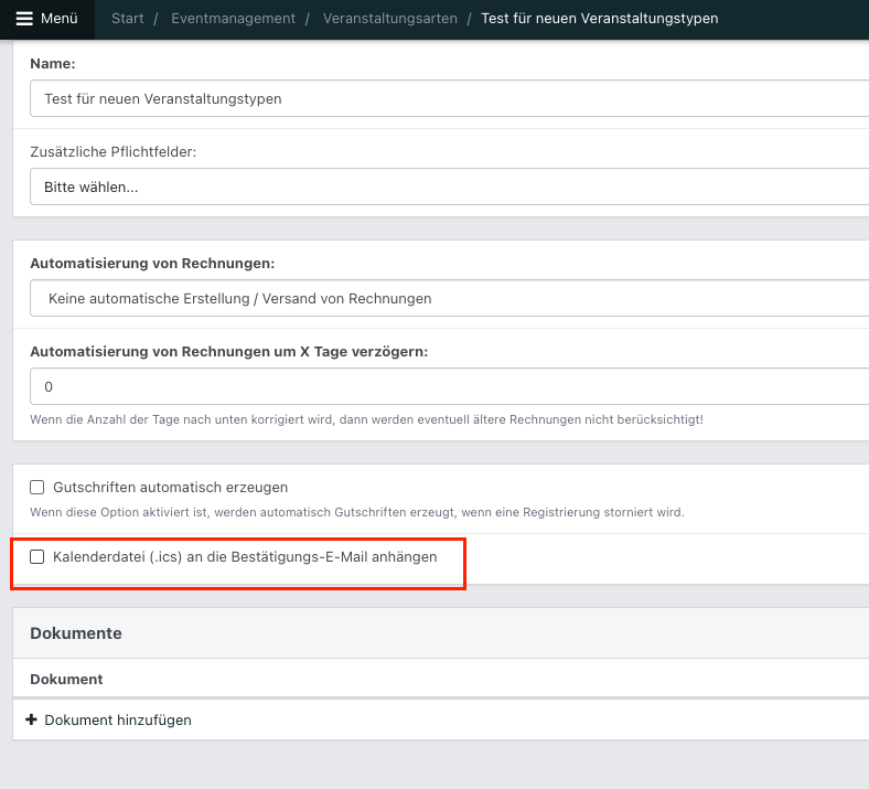 Screenshot aus der Software: geöffnete Veranstaltungsart.
