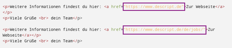Screenshot von HTML, wie die Anweisung für eine Verlinkung aussieht.