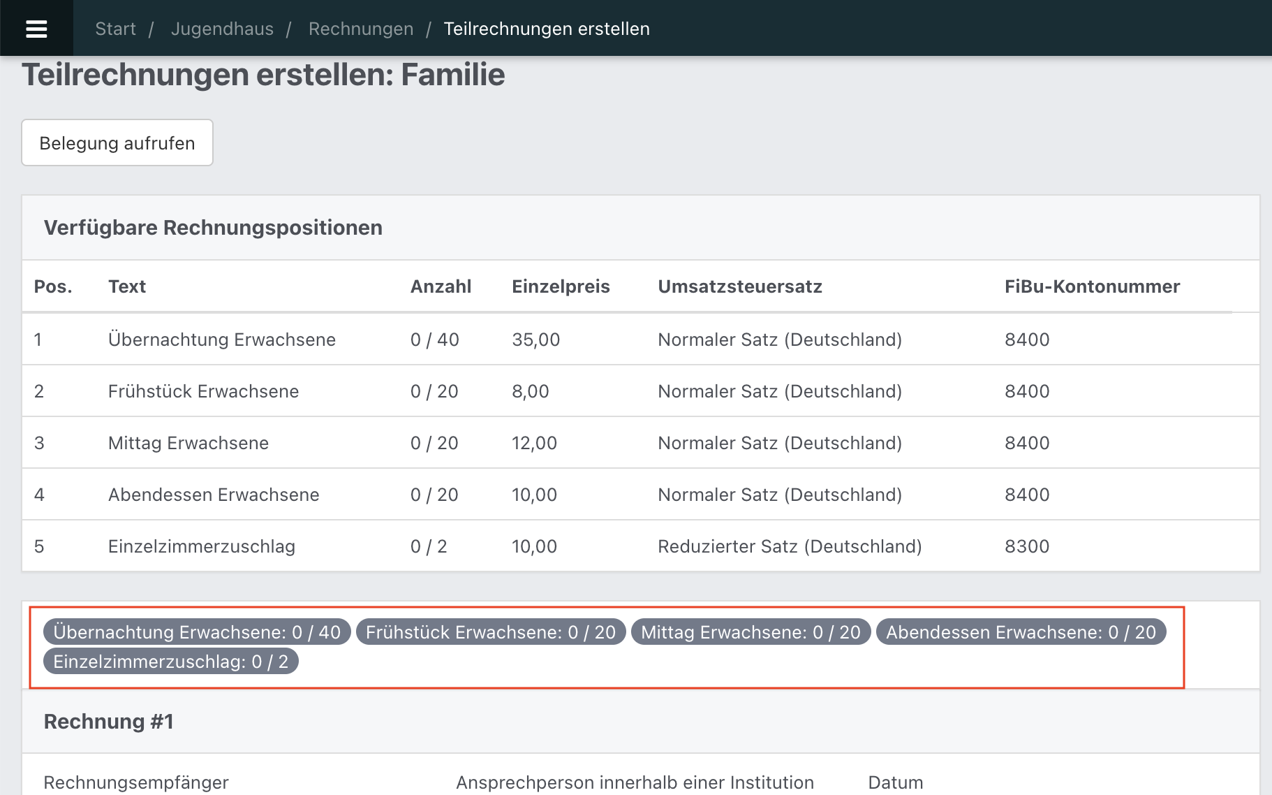 Screenshot aus der Software: geöffnete Teilrechnung mit Zuweisung der Rechnungspositionen.