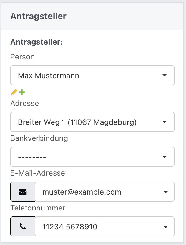 Screenshot aus der Antragstellerkontaktdaten.