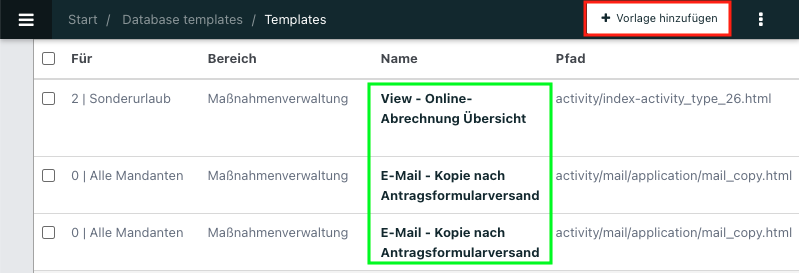 Screenshot der Übersicht über DB-Templates.