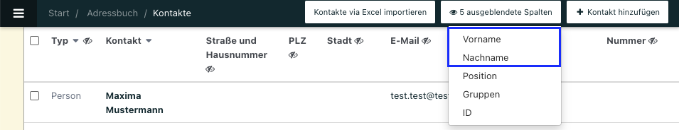 Screenshot aus dem Adressbuch mit ausgeklappten Spalten.
