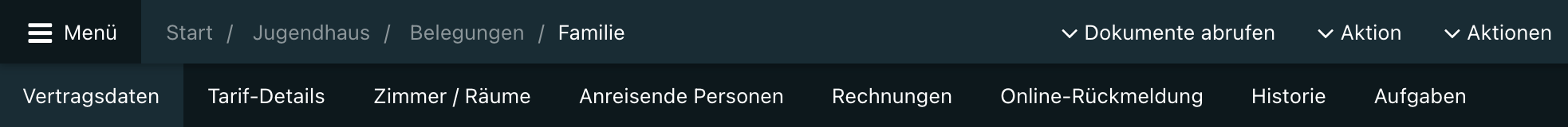 Navigationsleiste mit Tabs in einer Belegungsansicht.