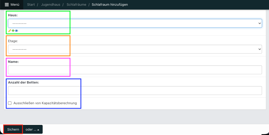 Screenshot der Bearbeitungsansicht eines Schlafraumes.