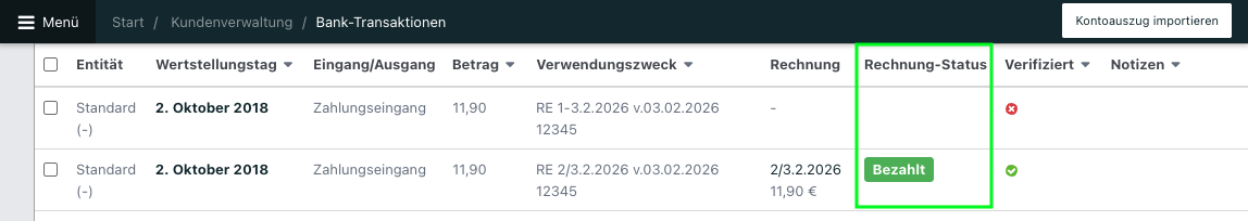 Screenshot der Übersicht über Bank-Transaktionen.