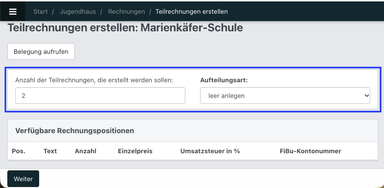 Ansicht „Teilrechnungen erstellen“ in NoahHaus. Blau markiert sind die Felder „Anzahl der Teilrechnungen“ und „Aufteilungsart“.