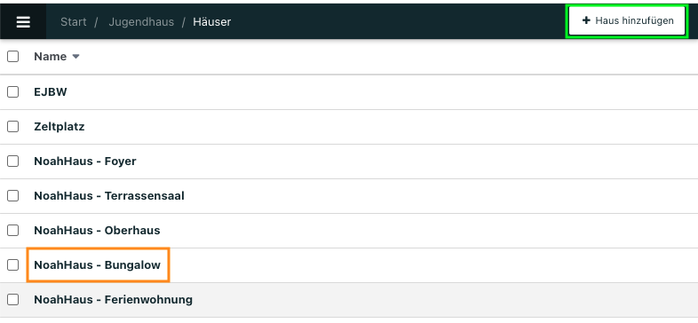 Screenshot aus NoahHaus: Übersicht über angelegte Häuser.