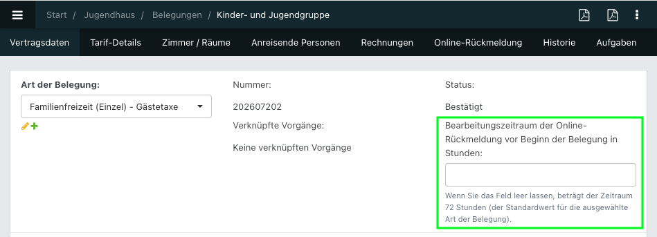 Screenshot einer Belegung im Bereich der Online-Rückmeldung.