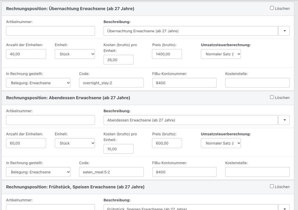 Rechnungspositionen in NoahHaus mit einzelnen Eingabefeldern für Artikelnummer, Beschreibung, Anzahl, Einheit, Bruttopreis, Umsatzsteuer, Belegungszuordnung, Code und FiBu-Kontonummer.
