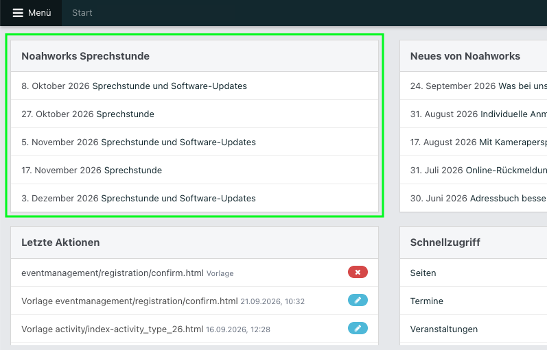 Screenshot der Noahworks-Startseite mit Fokus auf neuem Abschnitt "Noahworks-Sprechstunde".