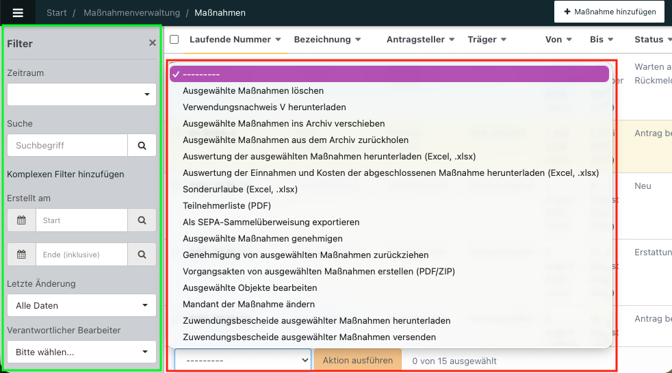 Screenshot der Übersicht von verschiedenen Maßnahmen.