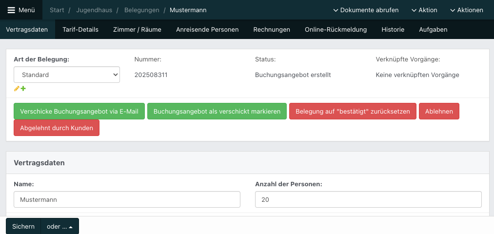 Screenshot aus der Software: geöffnete Detailansicht des Tabs Vertragsdaten.