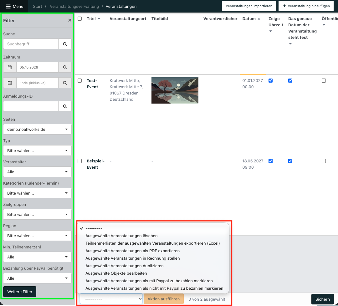 Screenshot aus der Software: links die Filter, rechts daneben das geöffnete Dropdown-Menü für Massenaktionen.
