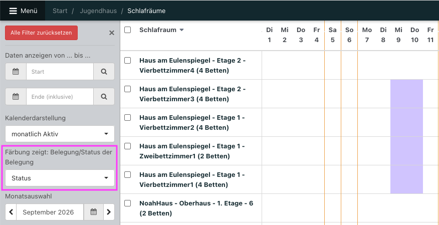 Screenshot der Schlafraumübersicht mit Filter auf Status.