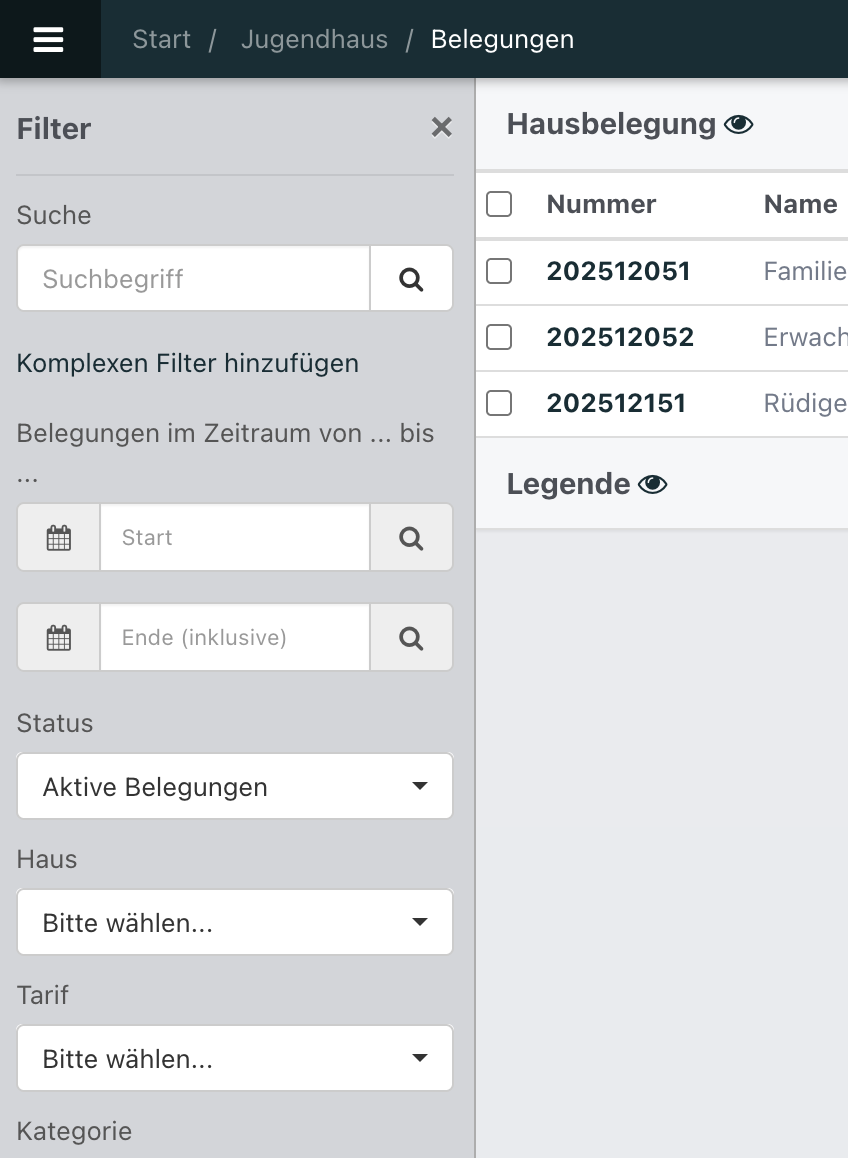 Screenshot aus der Software: Filter der Belegungsübersicht.
