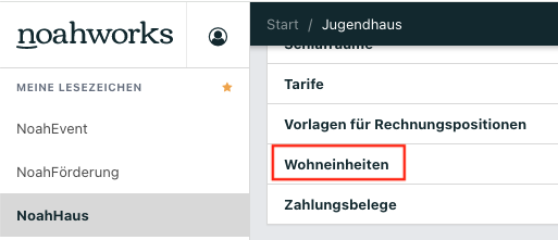 Screenshot der Übersicht aller Bearbeitungsmöglichkeiten in NoahHaus.