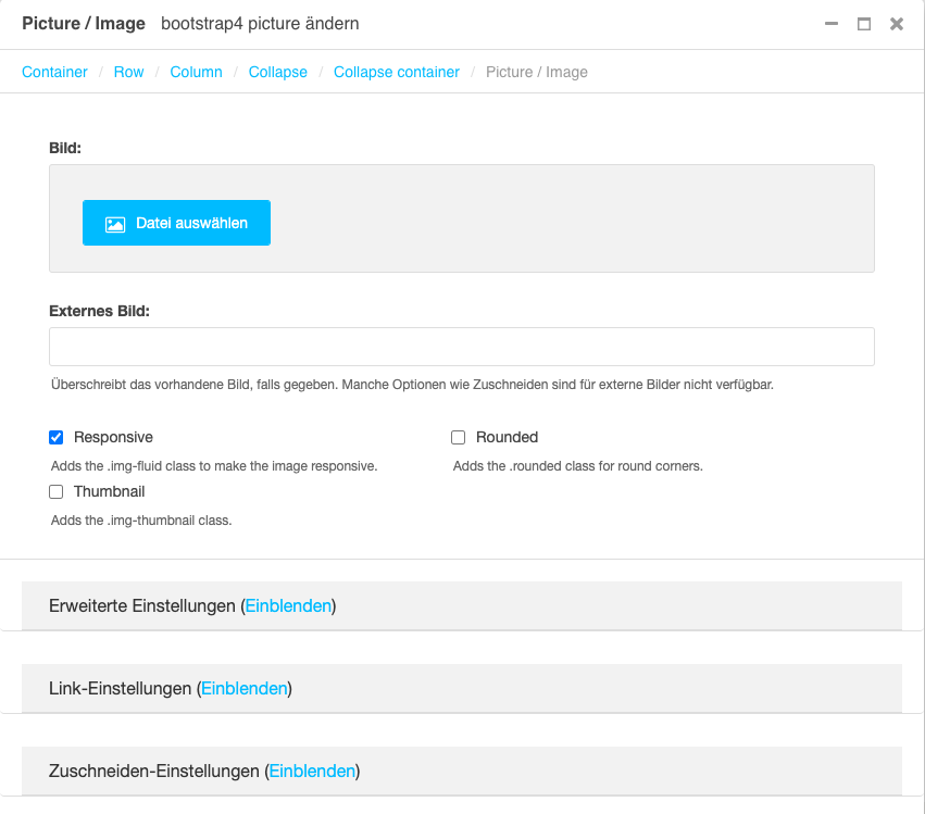Ein Screenshot eines Einstellungsdialogs zur Bearbeitung von Bildern.