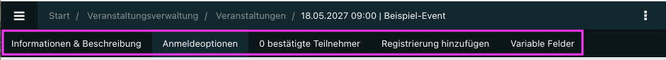 Screenshots der Tabs in einer Veranstaltung.