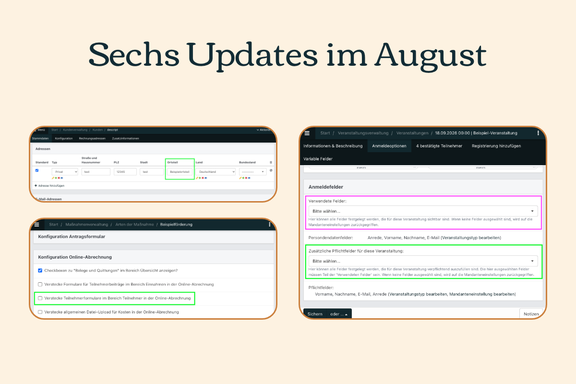 Hellgelber Hintergrund, darauf 3 Screenshots der aktuellen Software-Updates.