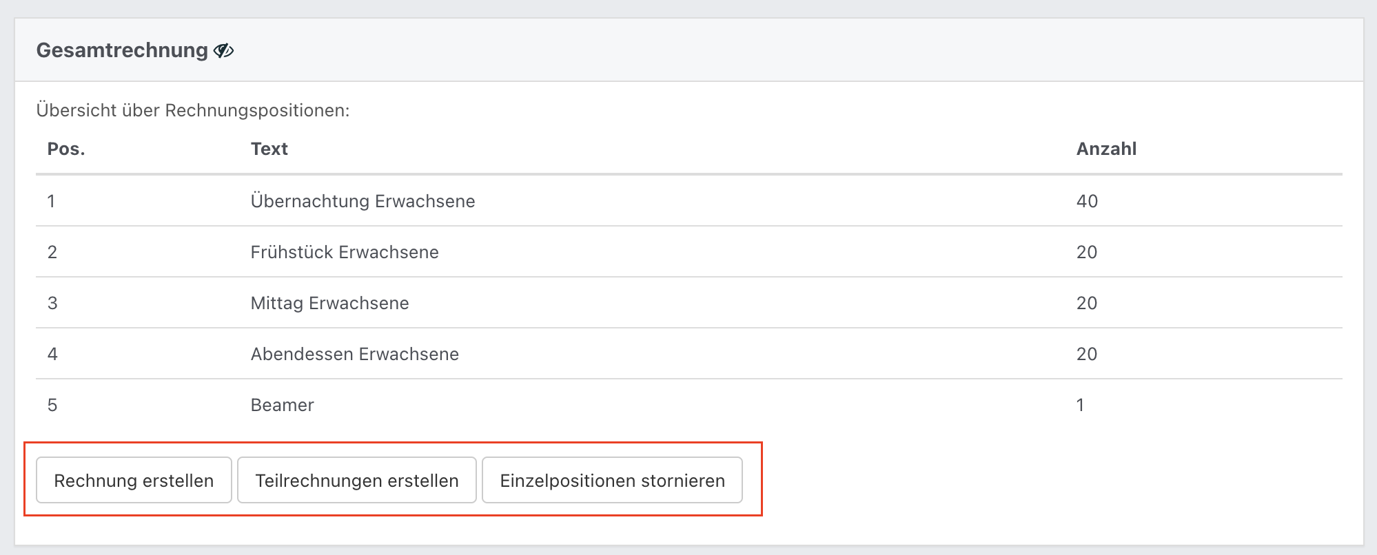 Screenshot aus der Software: geöffnete Belegung im Tab Rechnungen, Fokus auf Gesamtrechnung.