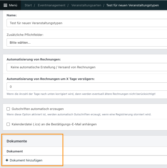Screenshot aus der Software: geöffnete Veranstaltungsart.