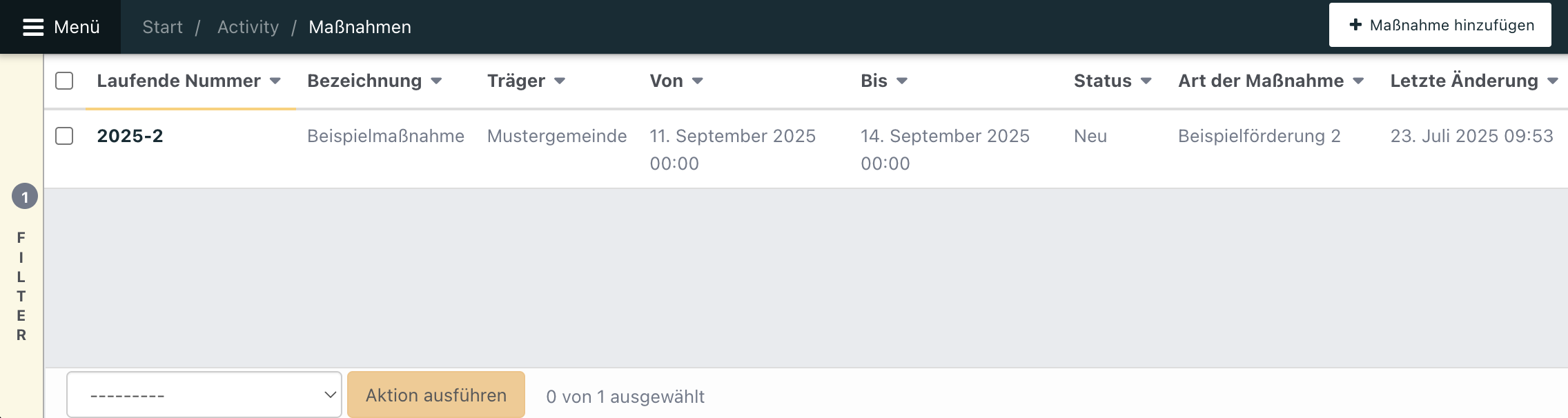 Übersichtsseite mit Filterleiste und einer aufgeführten Maßnahme.