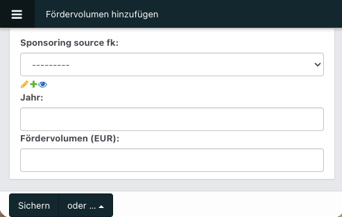 Screenshot aus der Software: geöffnetes Fenster um ein neues Fördervolumen anzulegen.