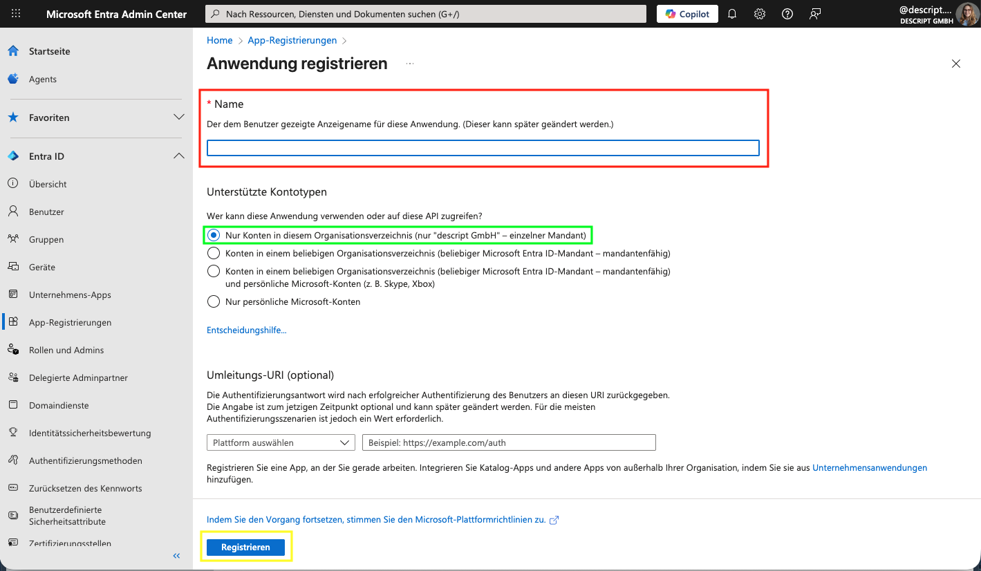 Screenshot aus dem MS Entra Admin Center. Zu sehen ist die Registrierung einer neuen Anwendung.