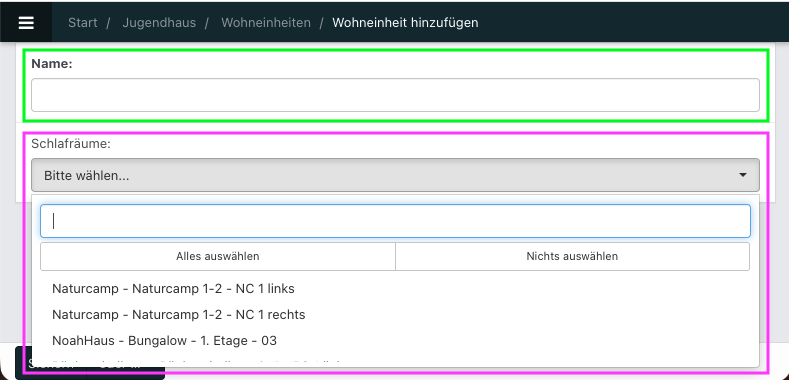 Screenshot der Einstellungen für eine neue Wohneinheit.