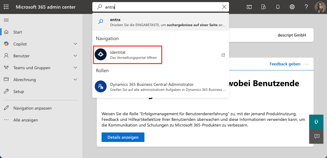 Screenshot aus dem MS 365 Admin Center. Zu sehen ist die Startseite mit aufgeklapper Suchleiste.