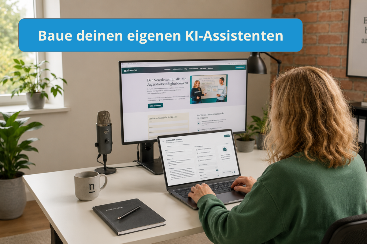 Clara sitzend vor einem Computer, darauf zu sehen die geöffnete Bearbeitungsansicht eines Custom-GPTs.