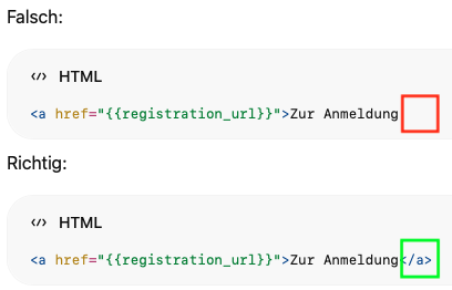 Screenshot von HTML, wo der Linkabschluss fehlt.