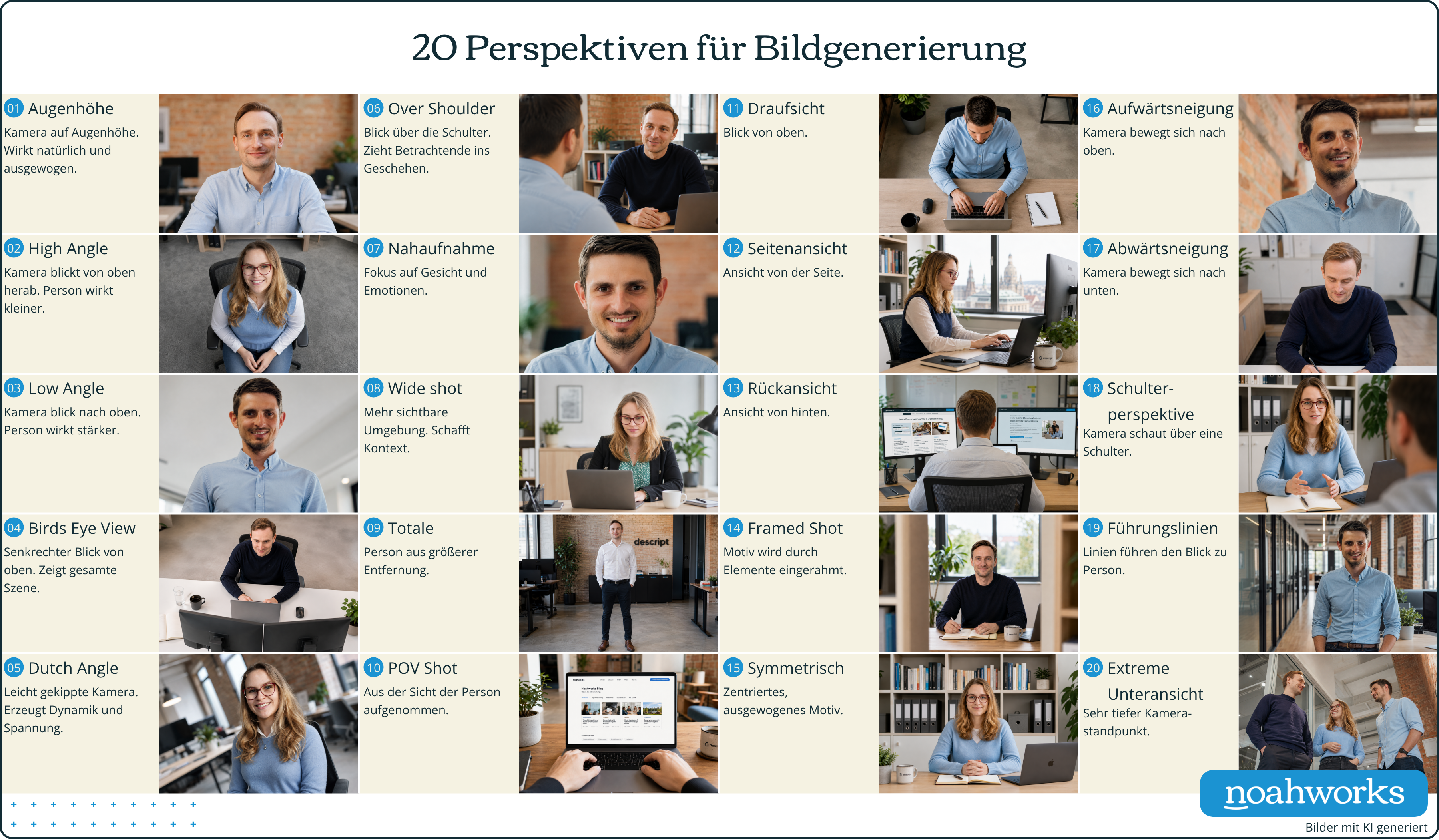 Grafik mit 20 Perspektiven für Bildgenerierung. Die einzelnen Bilder darauf KI-generiert.