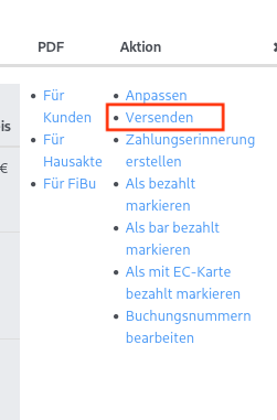 Aktionsmenü einer Rechnung in NoahHaus. Rot markiert ist die Option „Versenden“.