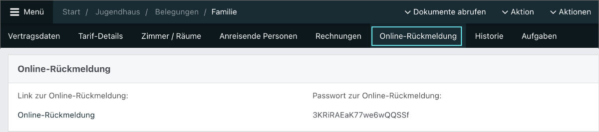 Ansicht des Tabs „Online-Rückmeldungen“ in der Belegungsübersicht.