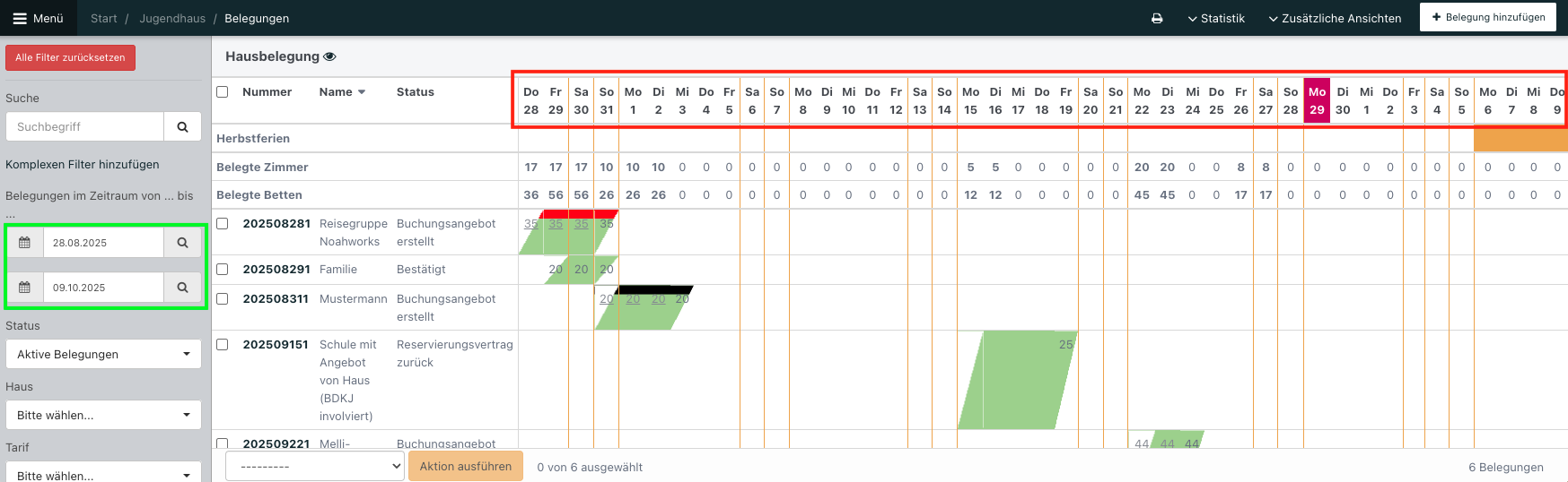 Screenshot aus der Software: geöffnete Belegungsübersicht mit Fokus auf dem Kalender.