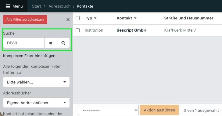 Screenshot aus der Software: geöffnete Übersicht der Kontakte mit Filter auf IBANs.