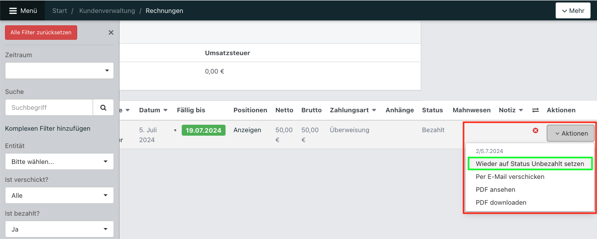 Screenshot aus der Software: ausgewählte Rechnung mit aufgeklappten Aktionen.